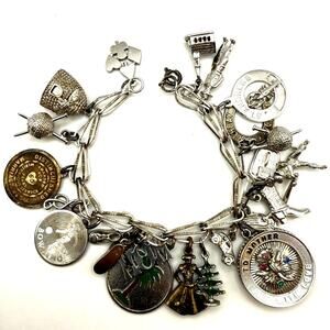 Vtg 925 Sterling Silver 21 Charm Bracelet Mom Yarn Horseshoe Bowler Bee Matador